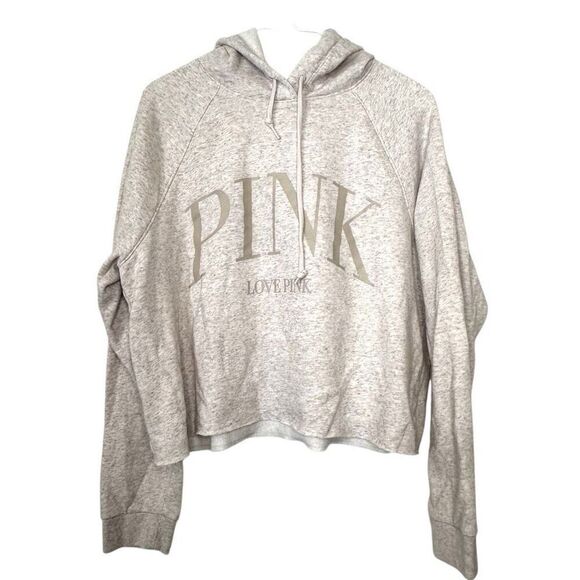 Pink Victorias Secret Cropped Pullover Hoodie Sweatshirt Gray Large - Picture 1 of 5